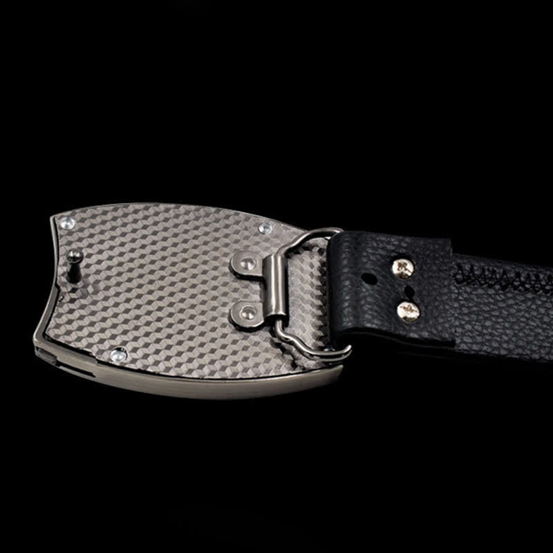 Cinturón de cuero con navaja plegable y diseño de póker dorado para hombre