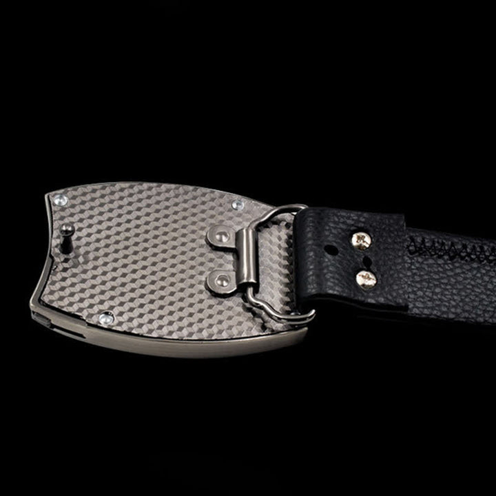 Cinturón de cuero con navaja plegable y diseño de póker dorado para hombre