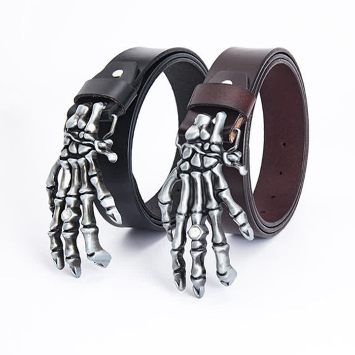 Cinturón de cuero con diseño de mano de esqueleto estilo rock punk para hombre