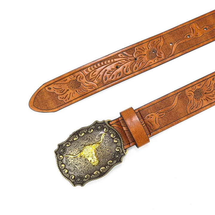 Cinturón de cuero con flor de toro grabada cuadrada para hombre