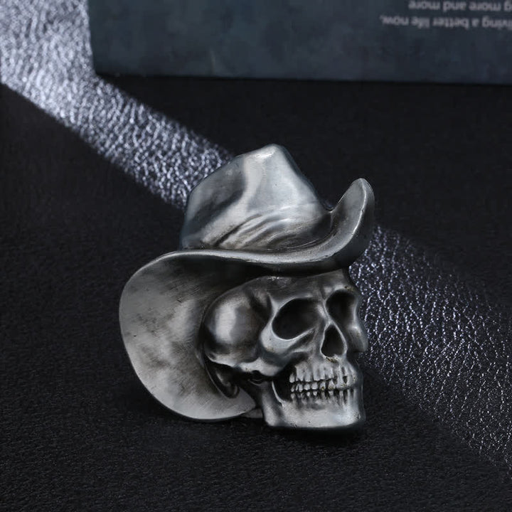 Cinturón de cuero con hebilla de sombrero y cabeza de calavera para hombre, hecho a mano