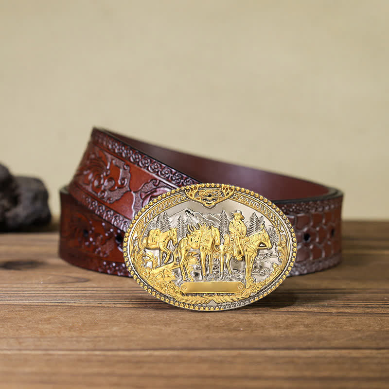 Cinturón de cuero con hebilla de caballo líder de vaquero para hombre hecho a mano
