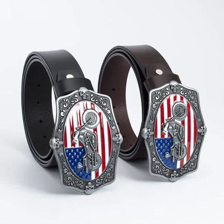 Cinturón de cuero con calavera y bandera estadounidense para hombre con diseño de motocicleta