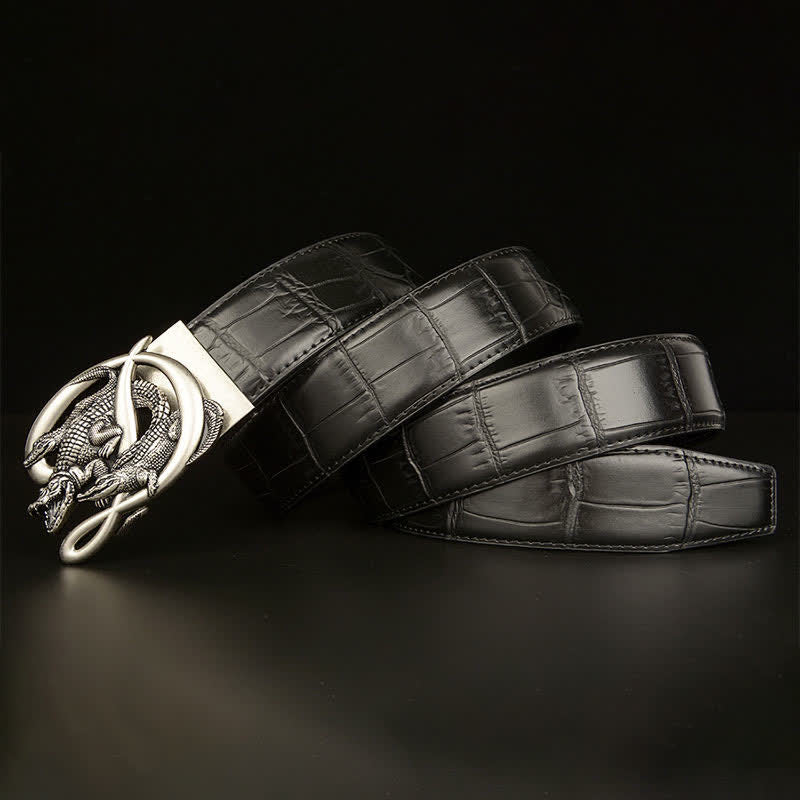 Cinturón de piel con estampado de cocodrilo y hebilla de cocodrilo para hombre