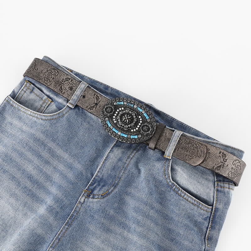 Cinturón de cuero con decoración floral en turquesa bohemia para hombre