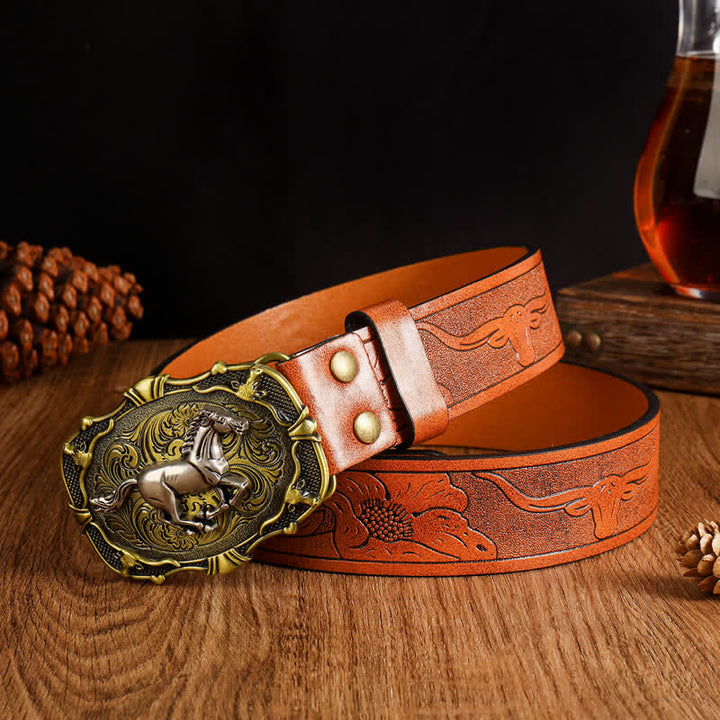 Cinturón de cuero con hebilla geométrica y diseño de caballo para hombre