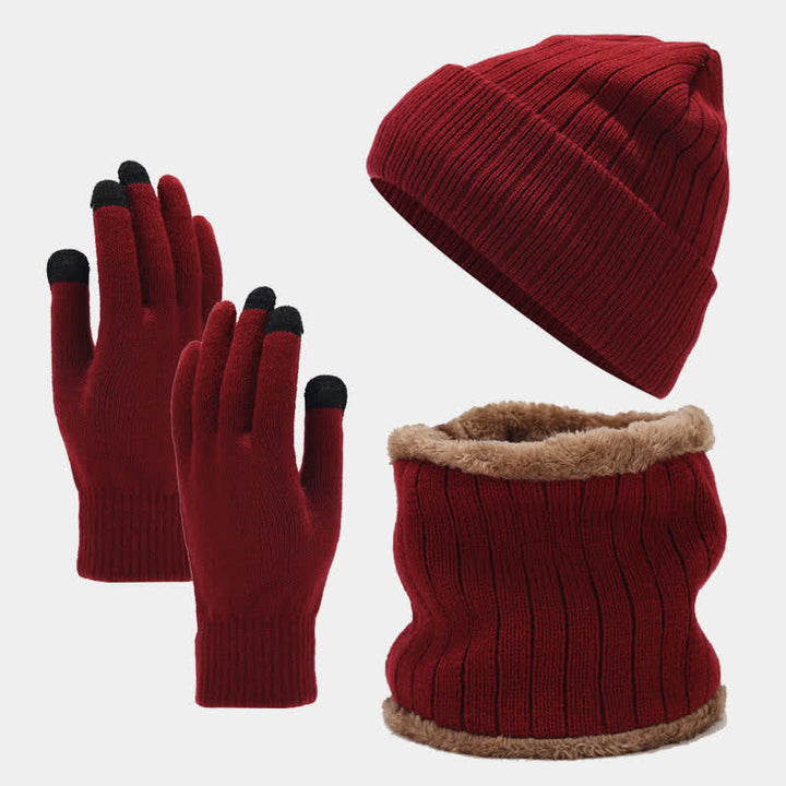 Conjunto de 3 guantes y gorro de punto de sarga gruesa unisex
