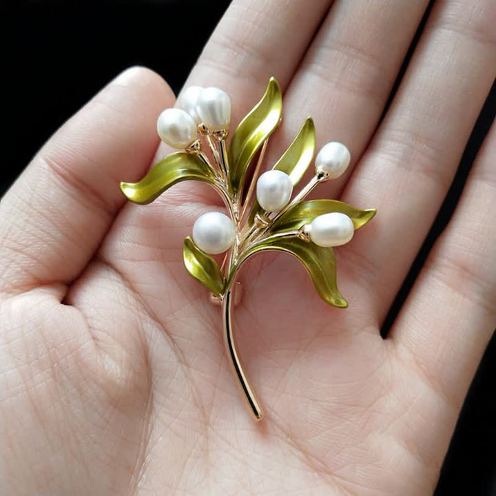 Broche de rama de olivo con perla natural para mujer