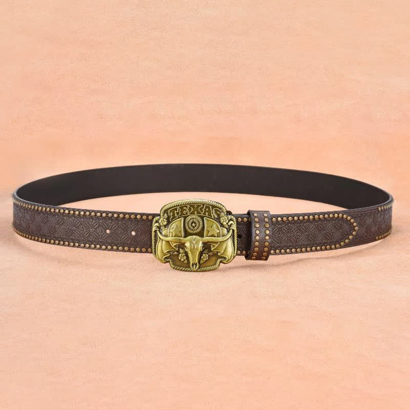 Cinturón de cuero con remaches de novillo Longhorn antiguo para hombre