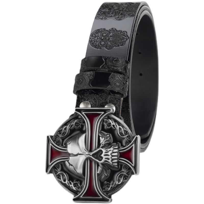 Cinturón de cuero con estampado de calavera en relieve para hombre