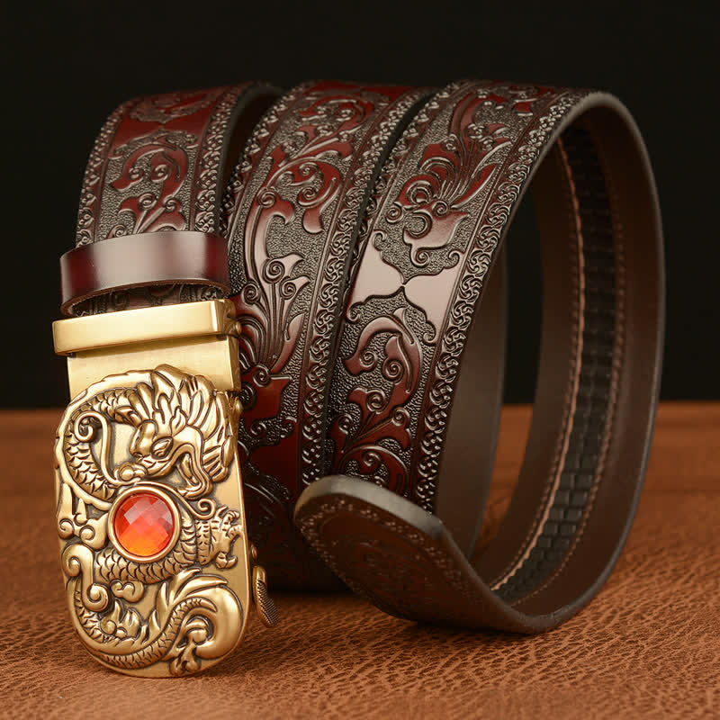 Cinturón de cuero con piedras preciosas y dragón grabado para hombre
