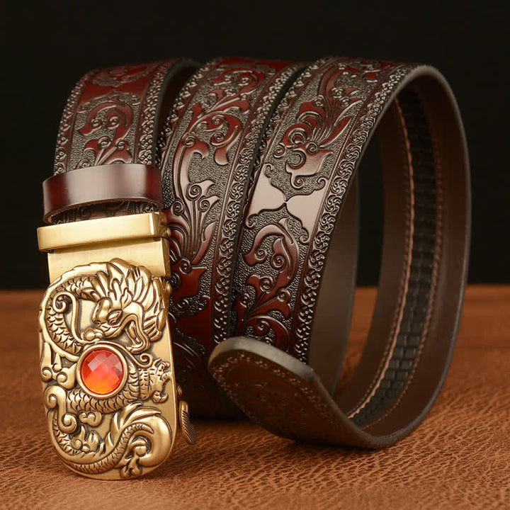 Cinturón de cuero con piedras preciosas y dragón grabado para hombre