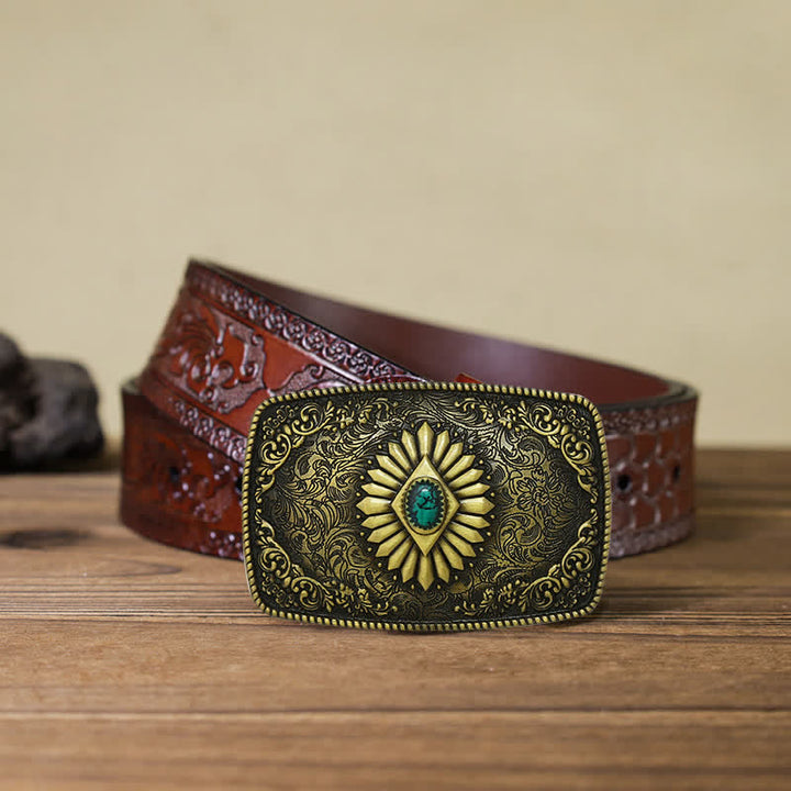 Cinturón de cuero con hebilla occidental turquesa cuadrada para hombre hecho a mano
