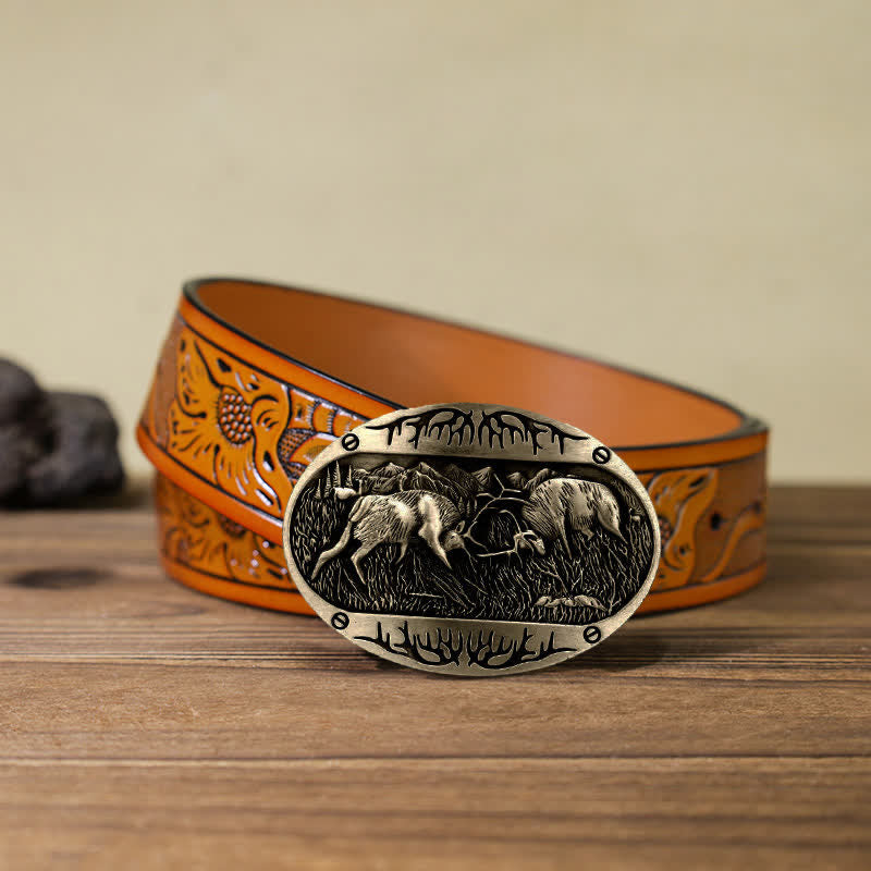 Cinturón de cuero estilo western con hebilla de ciervo salvaje para hombre, hecho a mano