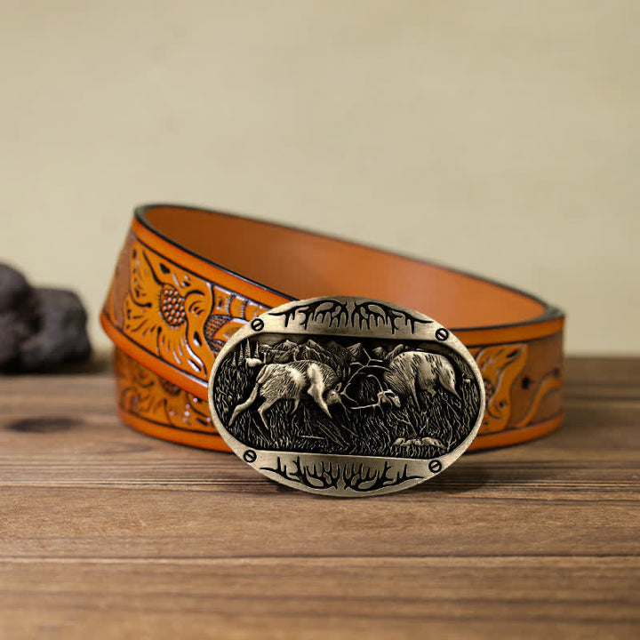 Cinturón de cuero estilo western con hebilla de ciervo salvaje para hombre, hecho a mano