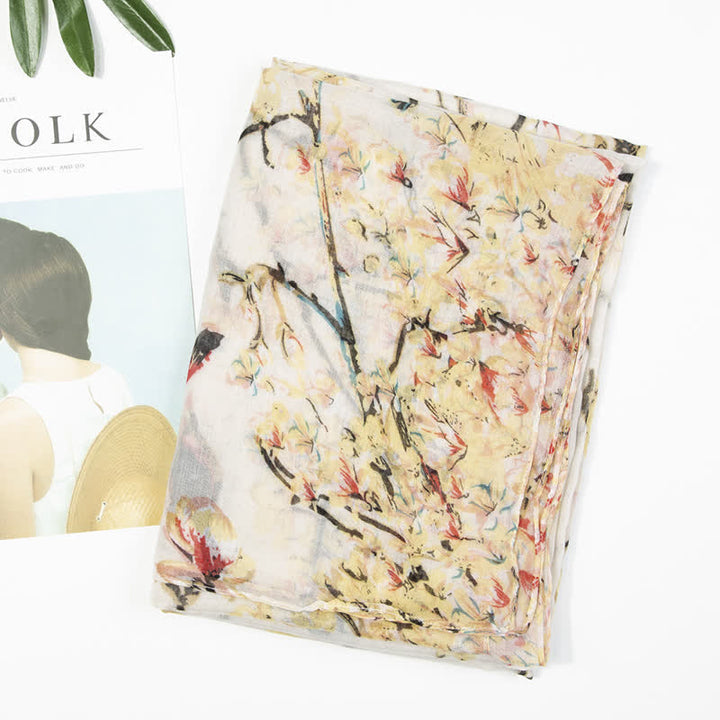 Bufanda ligera con estampado de pájaros y flores para mujer