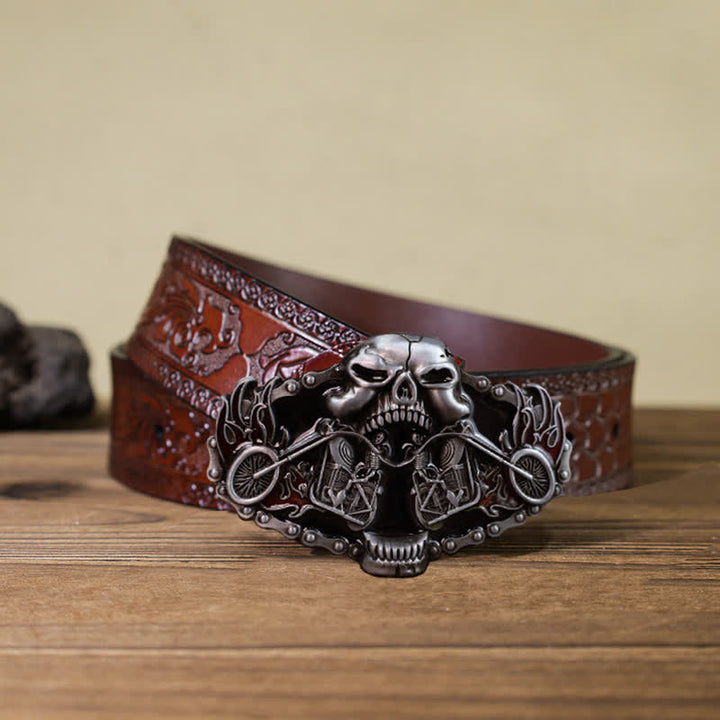 Cinturón de cuero con hebilla de cabeza de fantasma de motocicleta y calavera para hombre