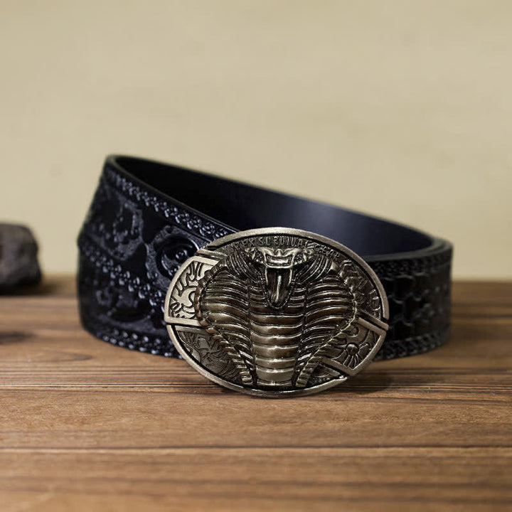 Cinturón de cuero con cuchillo plegable oculto de cobra venenosa para hombre