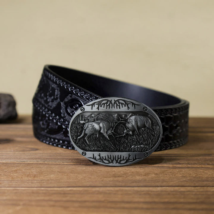 Cinturón de cuero estilo western con hebilla de ciervo salvaje para hombre, hecho a mano