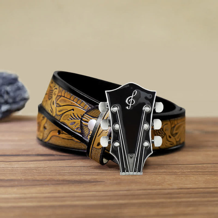 Cinturón de cuero con hebilla de clavijero de guitarra musical para hombre hecho a mano