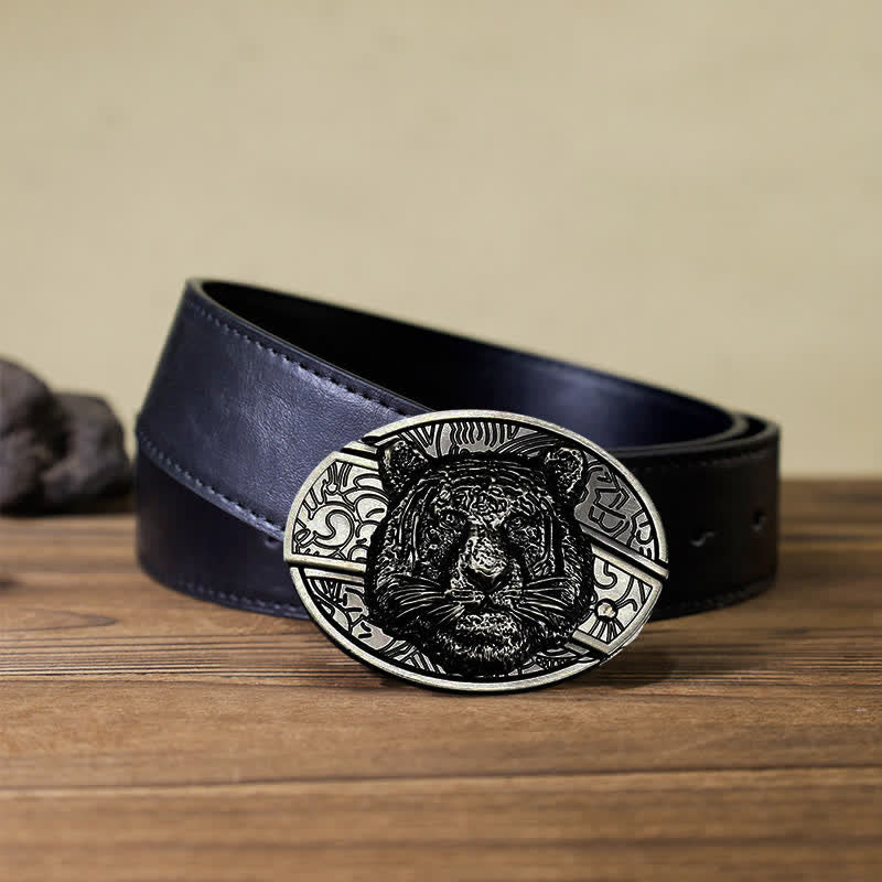 Cinturón de cuero con cuchillo plegable oculto con cabeza de leopardo para hombre