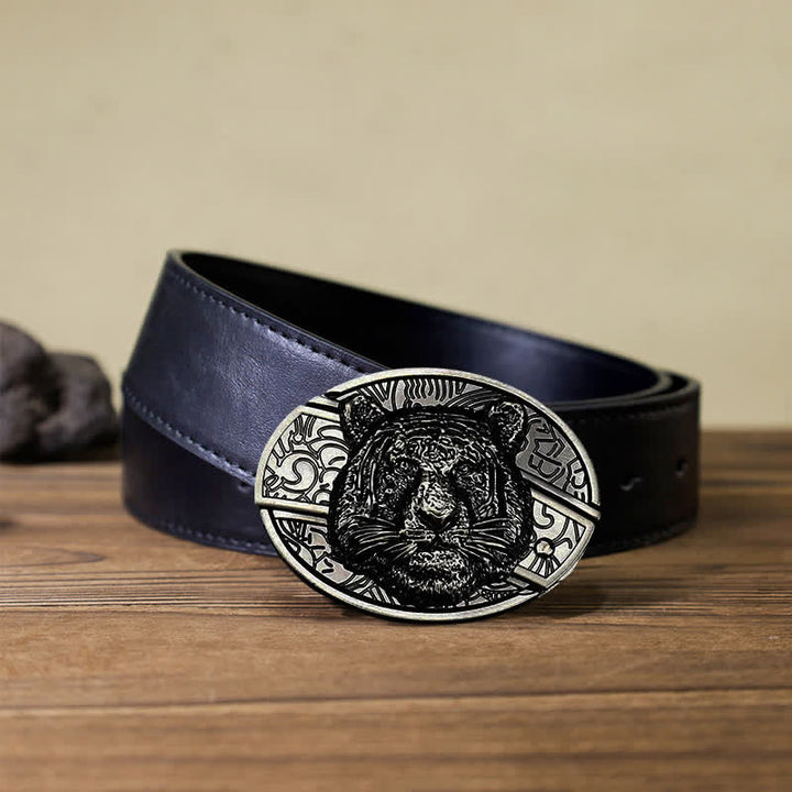Cinturón de cuero con cuchillo plegable oculto con cabeza de leopardo para hombre