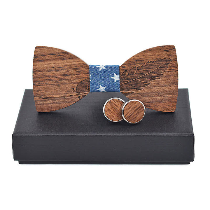 Juego de 2 pajaritas de madera con grabado de plumas para hombre