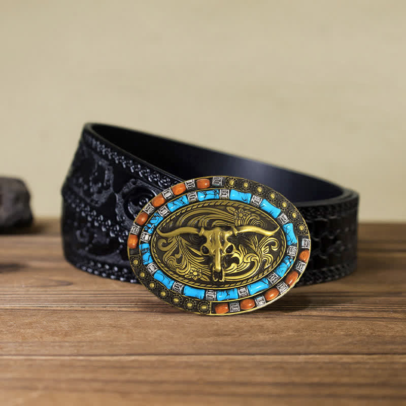 Cinturón de cuero con hebilla de toro y cuentas de madera turquesa para hombre hecho a mano