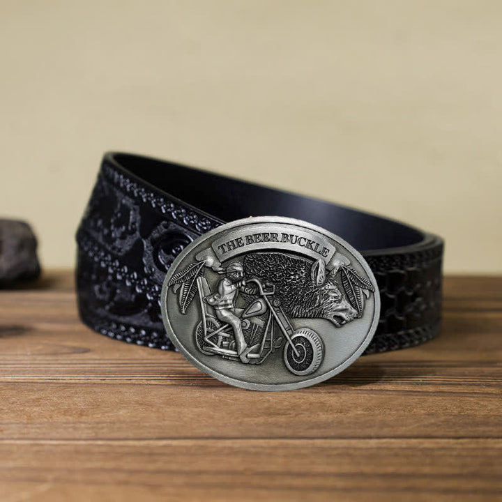 Cinturón de cuero con hebilla para hombre, hecho a mano, con diseño creativo de motocicleta