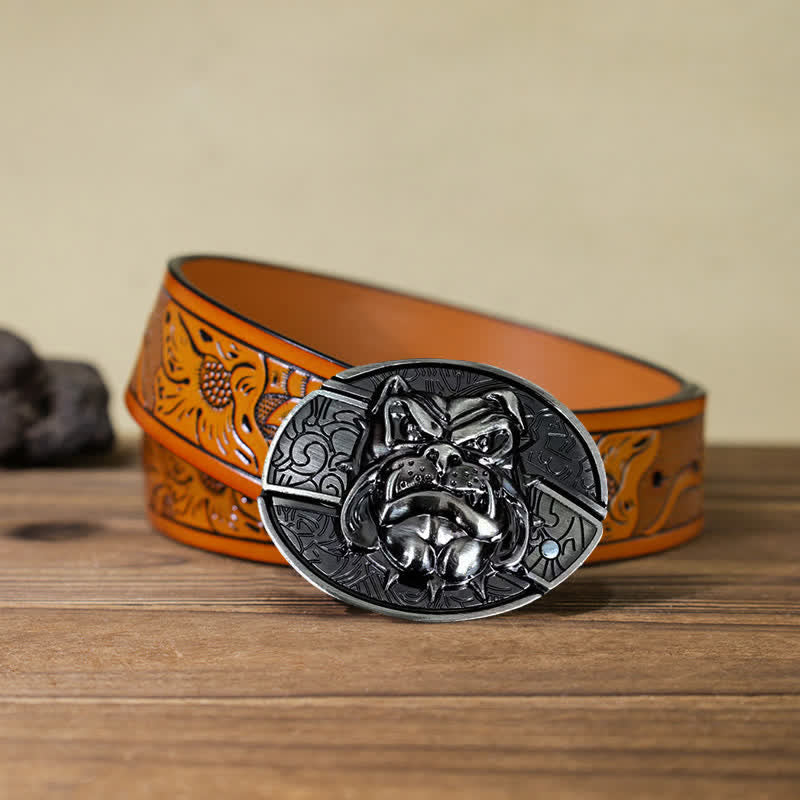 Cinturón de cuero con cuchillo plegable oculto para hombre, hecho a mano con forma de perro feroz
