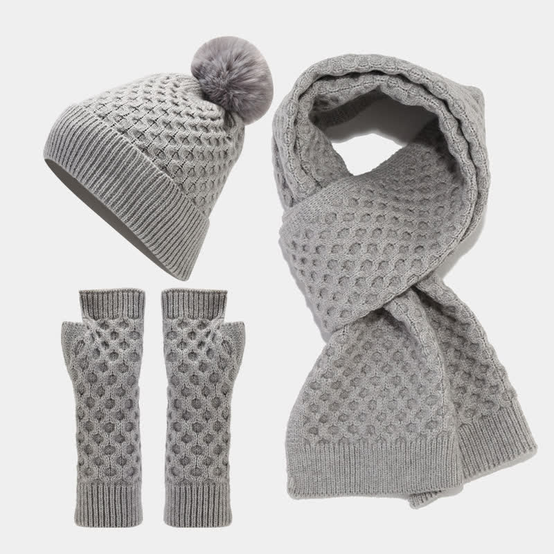 Conjunto de 3 guantes y gorro de punto cruzado para mujer