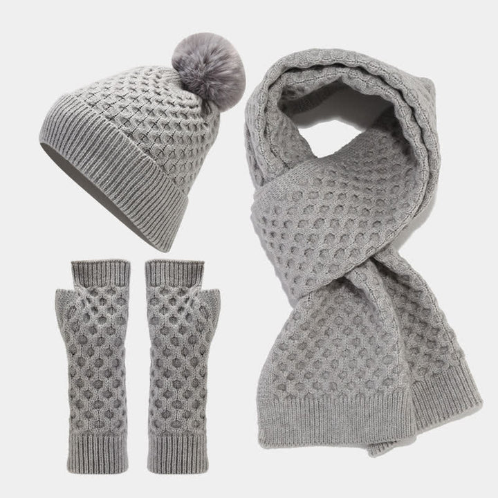 Conjunto de 3 guantes y gorro de punto cruzado para mujer