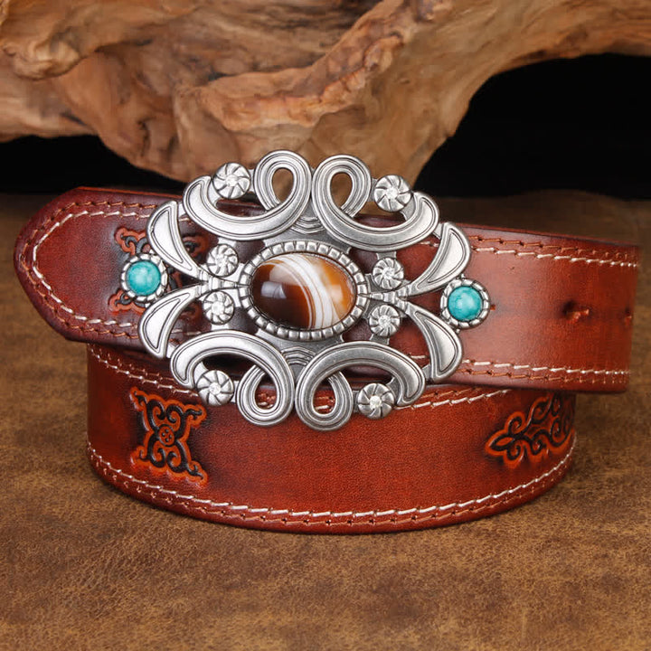 Cinturón unisex de cuero con flor hueca de color turquesa y piedra de ágata