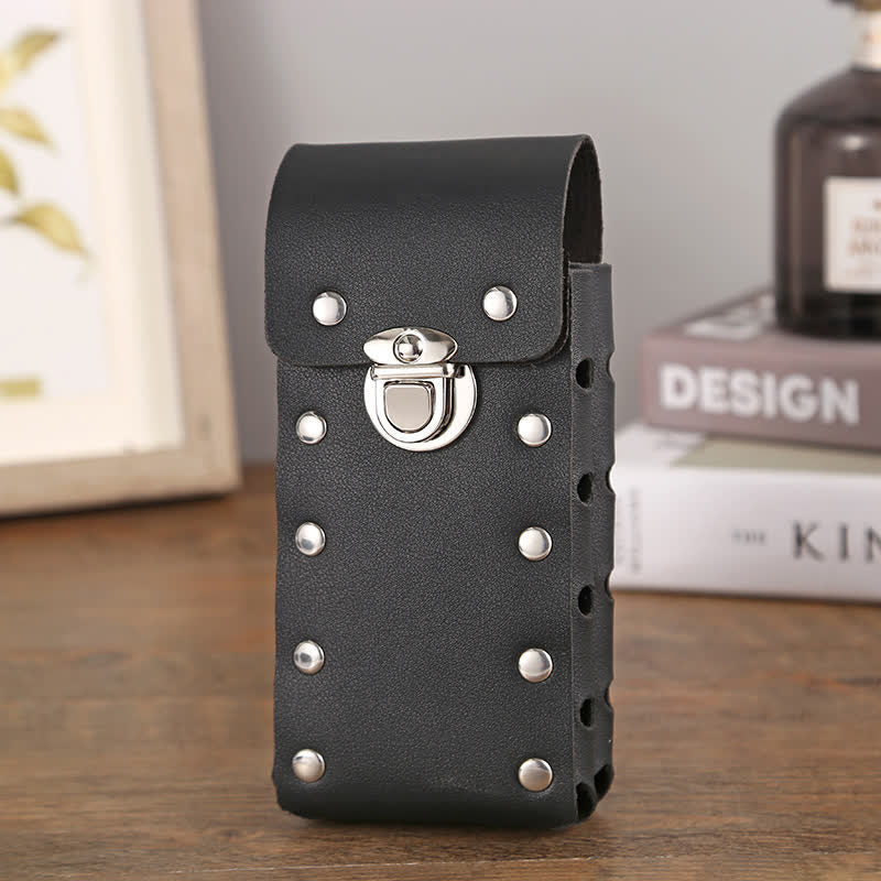 Cinturón de cuero universal para teléfono con botón decorativo con remaches