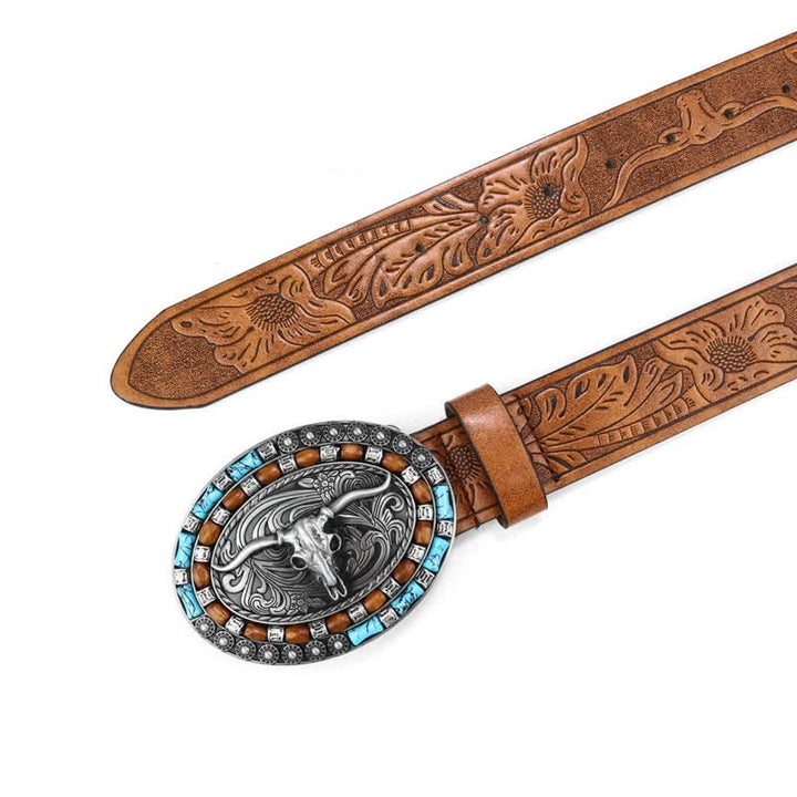 Cinturón de cuero de toro turquesa estilo vaquero occidental para hombre