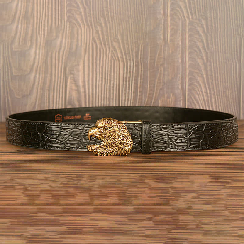 Cinturón de piel con relieve de cocodrilo y cabeza de águila para hombre