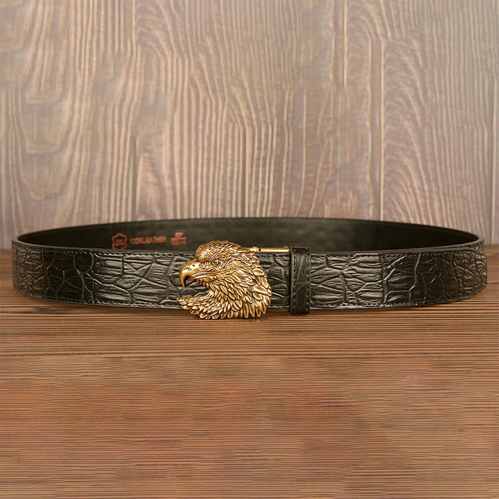 Cinturón de piel con relieve de cocodrilo y cabeza de águila para hombre