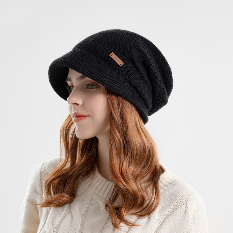 Gorro de punto de ala ancha con parche de letras para mujer
