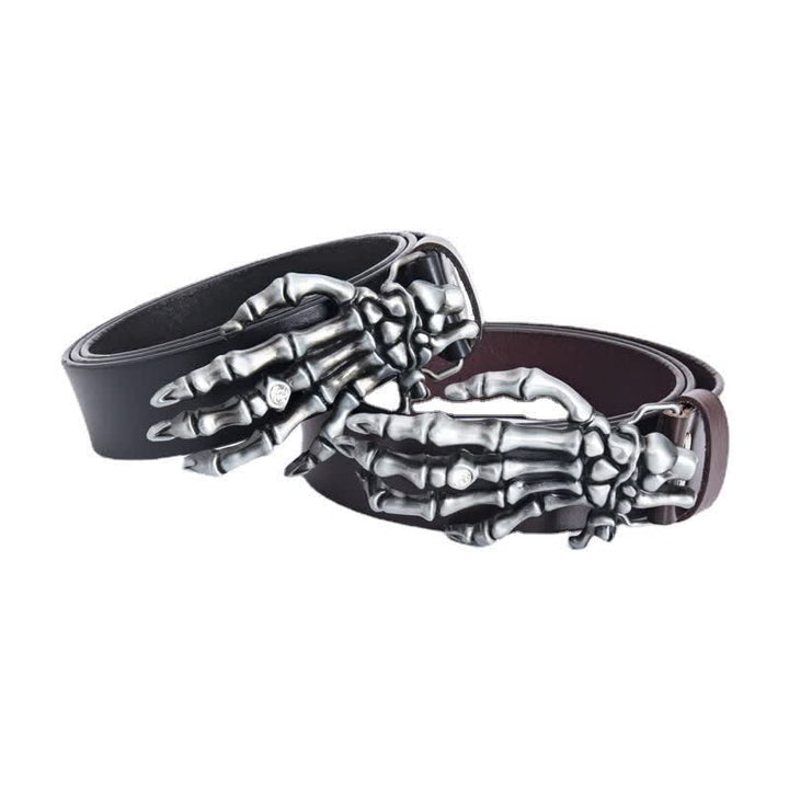 Cinturón de cuero con diseño de mano de esqueleto estilo rock punk para hombre