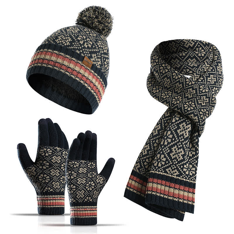Juego de 3 guantes unisex con pantalla táctil, gorro y bufanda con copos de nieve
