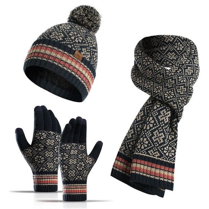 Juego de 3 guantes unisex con pantalla táctil, gorro y bufanda con copos de nieve