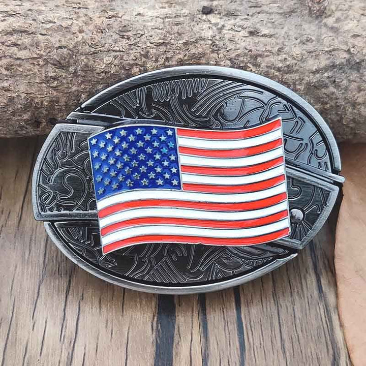 Cinturón de cuero con cuchillo plegable oculto con bandera estadounidense para hombre