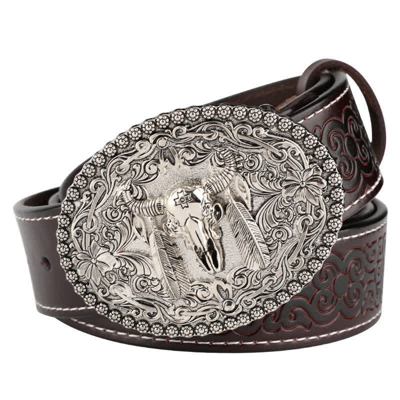 Cinturón de cuero para jeans con pluma grabada de toro para hombre