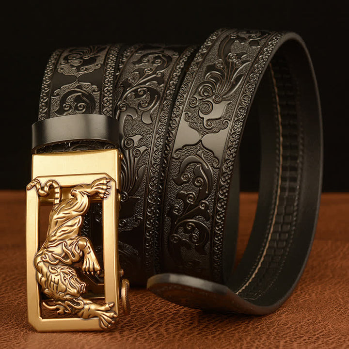Cinturón de cuero con estampado floral y hebilla de tigre para hombre