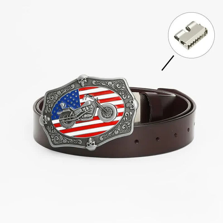 Cinturón de cuero con calavera y bandera estadounidense para hombre con diseño de motocicleta