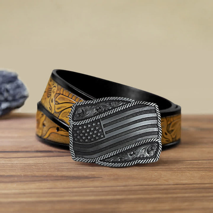Cinturón de cuero con hebilla antigua de la bandera estadounidense para hombre, hecho a mano