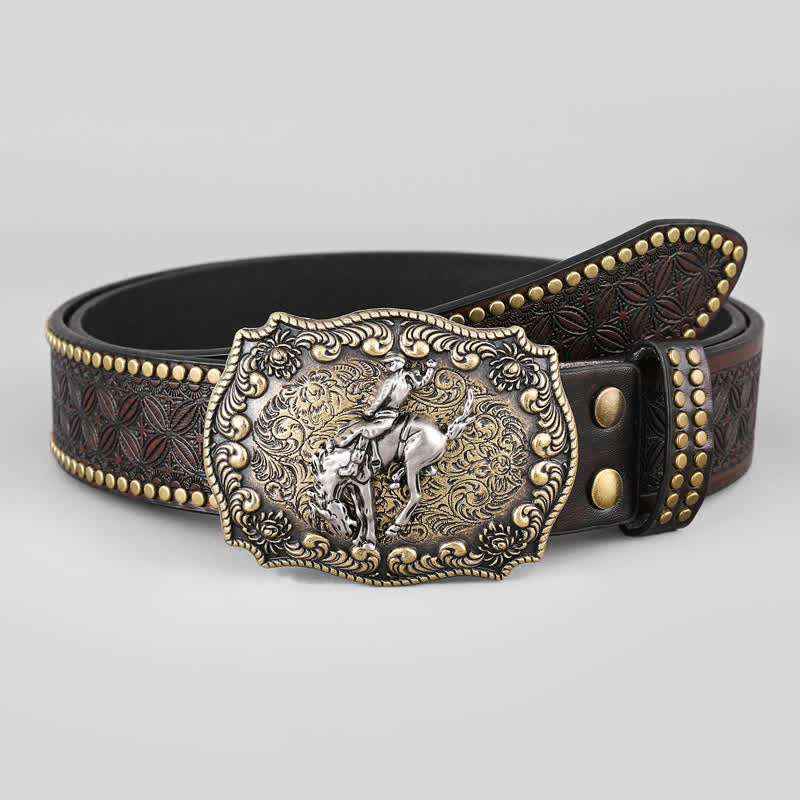 Cinturón de cuero con estampado floral de caballo para hombre