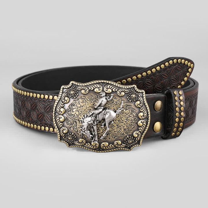 Cinturón de cuero con estampado floral de caballo para hombre