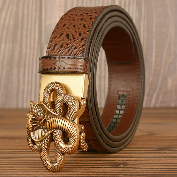 Cinturón de piel de cocodrilo con diseño de cobra rizada para hombre