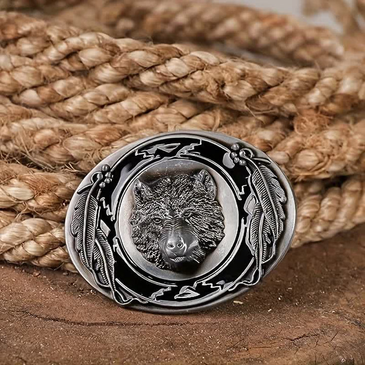 Cinturón de cuero con hebilla de cabeza de lobo vívida para hombre, hecho a mano